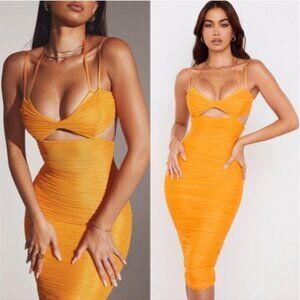 HOUSE OF CB Tibi Dress Tangerine Orange Ruched Cut Out Midi XS